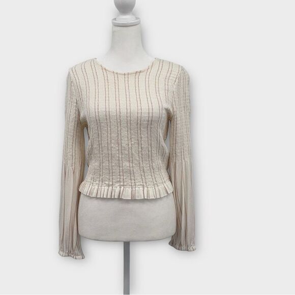 American Eagle Long Sleeve Smocked Crop Top in Cream with Stripe Women’s Size M - Picture 1 of 7